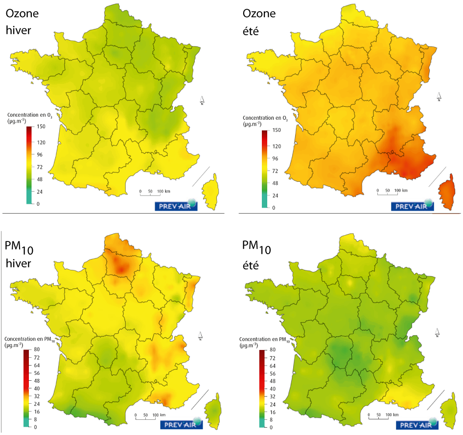 Carte de la cencentration en PM10 et en ozone en été et en hiver