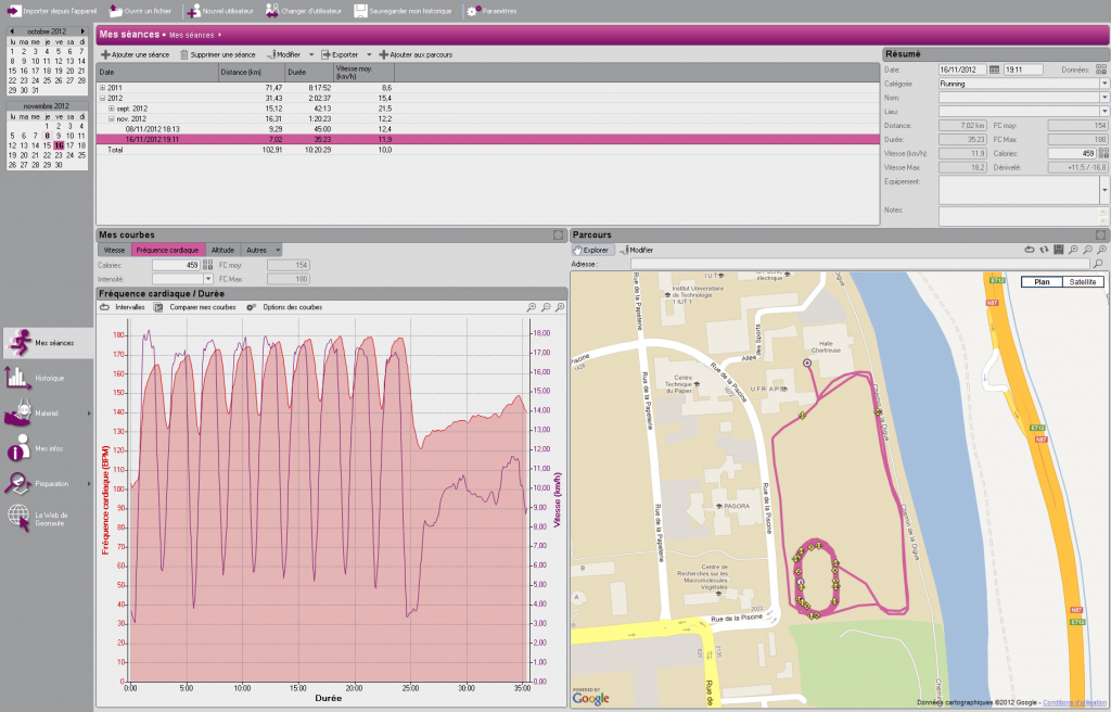 Exemple de séance avec le Geonaute Software, importée à partir d'un fichier .tcx de Garmin 410