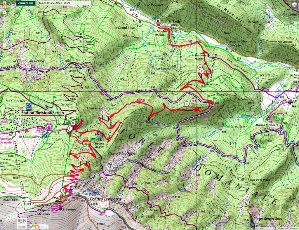 Itinéraire de la sortie longue au Ventoux, par la face Nord, depuis la chapelle Sainte Basile