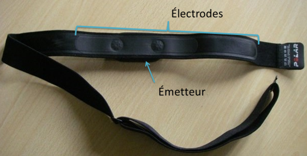 vue détaillée sur la ceinture, les électrodes et l'émetteur du cardio Polar RC3 GPS.
